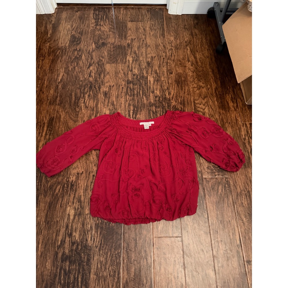 Studio M Red Rosette Ribbon Embroidered Smocked Peasant Blouse Top Medium